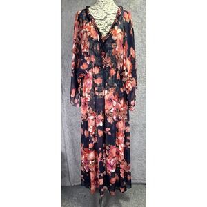 Curations Navy Blue Floral Sheer Maxi Dress 1X Kimono Sleeve Ruffle V-Neck Boho